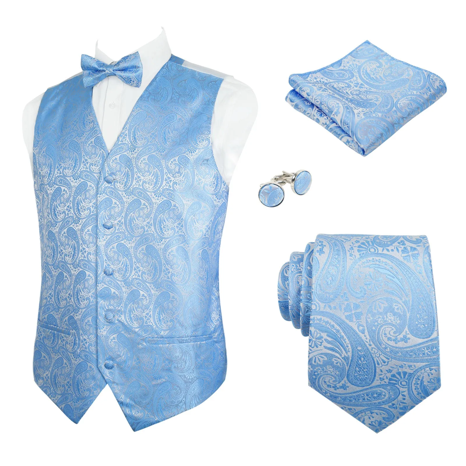Men's 5pcs Paisley Suit Vest Classic Jacquard Button-Down Waistcoat Set, 185-Light Blue