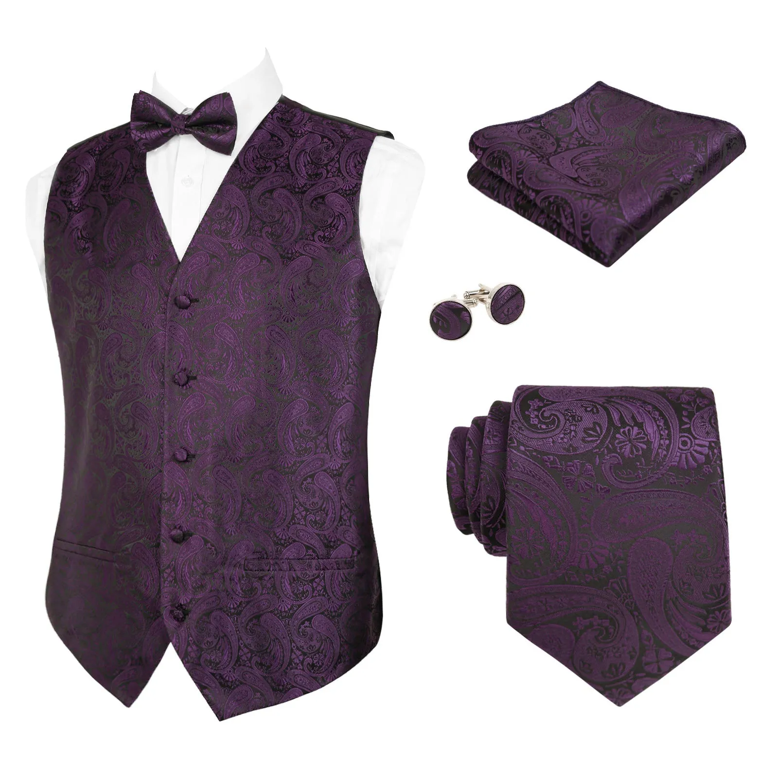Men's 5pcs Paisley Suit Vest Classic Jacquard Button-Down Waistcoat Set, 185-Plum Purple