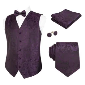 Men's 5pcs Paisley Suit Vest Classic Jacquard Button-Down Waistcoat Set, 185-Plum Purple