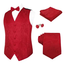 Men's 5pcs Paisley Suit Vest Classic Jacquard Button-Down Waistcoat Set, 185-Red