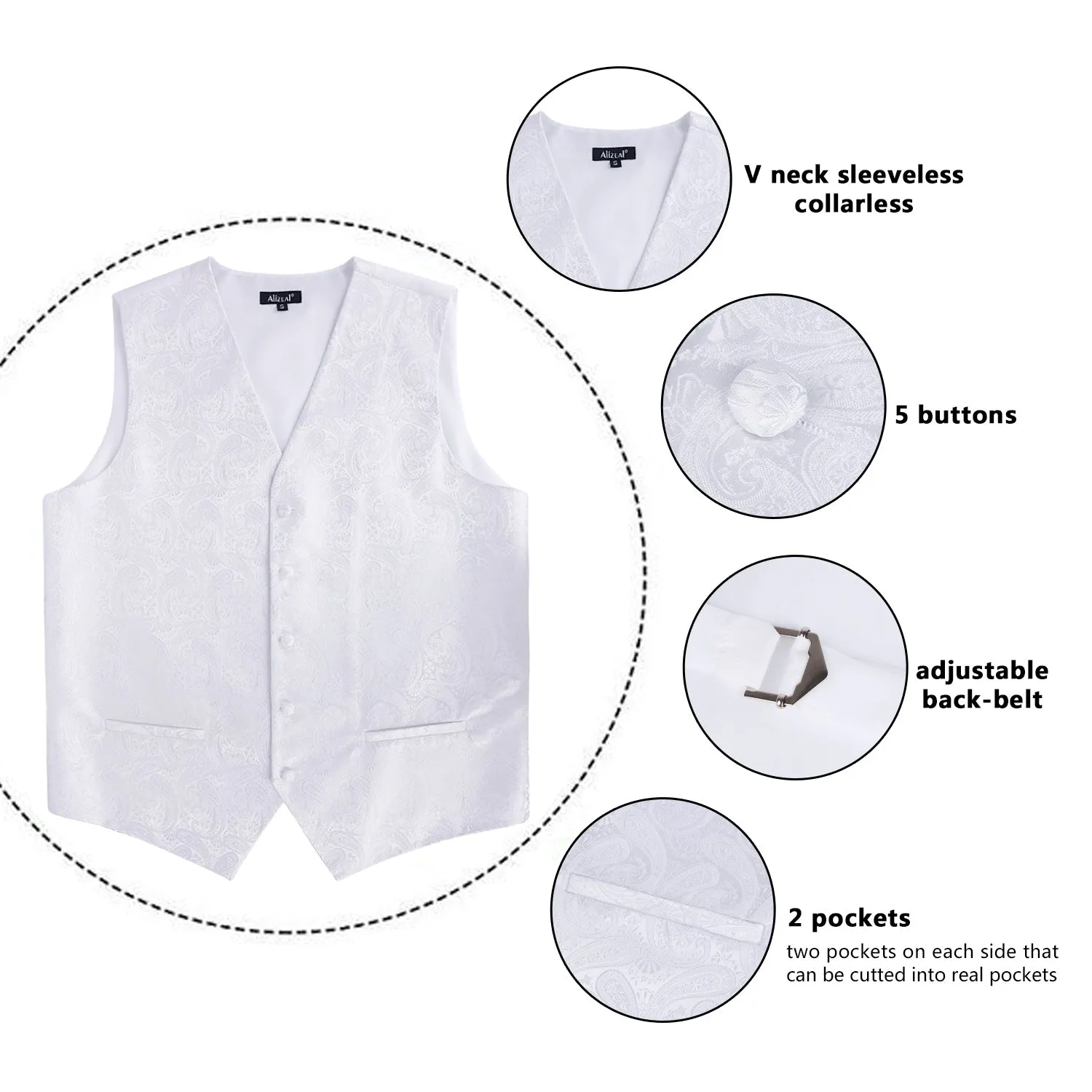 Men's 5pcs Paisley Suit Vest Classic Jacquard Button-Down Waistcoat Set, 185-White