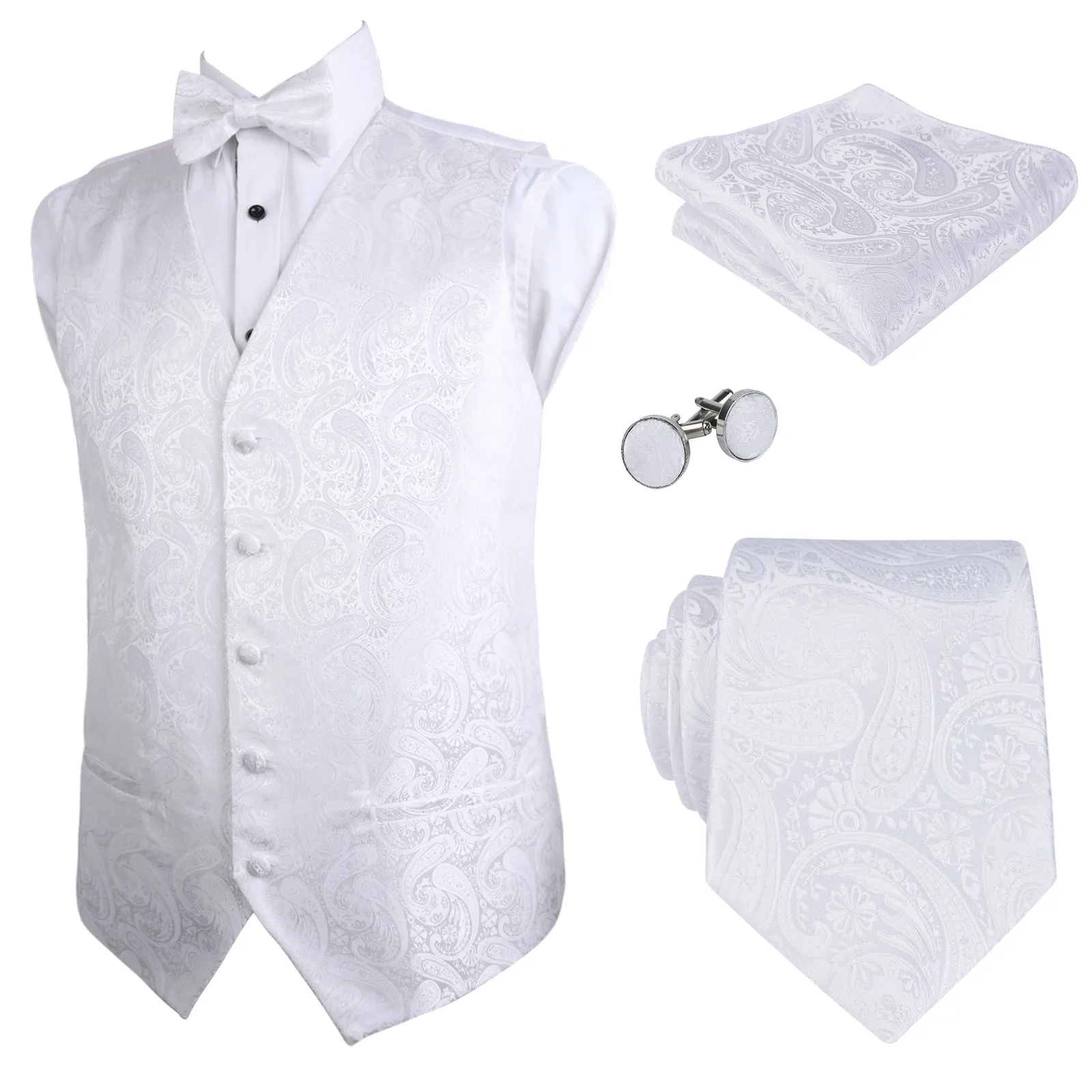 Men's 5pcs Paisley Suit Vest Classic Jacquard Button-Down Waistcoat Set, 185-White