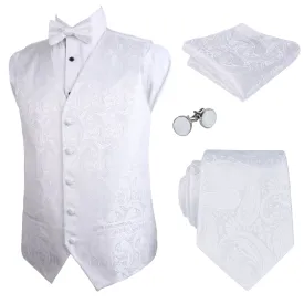 Men's 5pcs Paisley Suit Vest Classic Jacquard Button-Down Waistcoat Set, 185-White