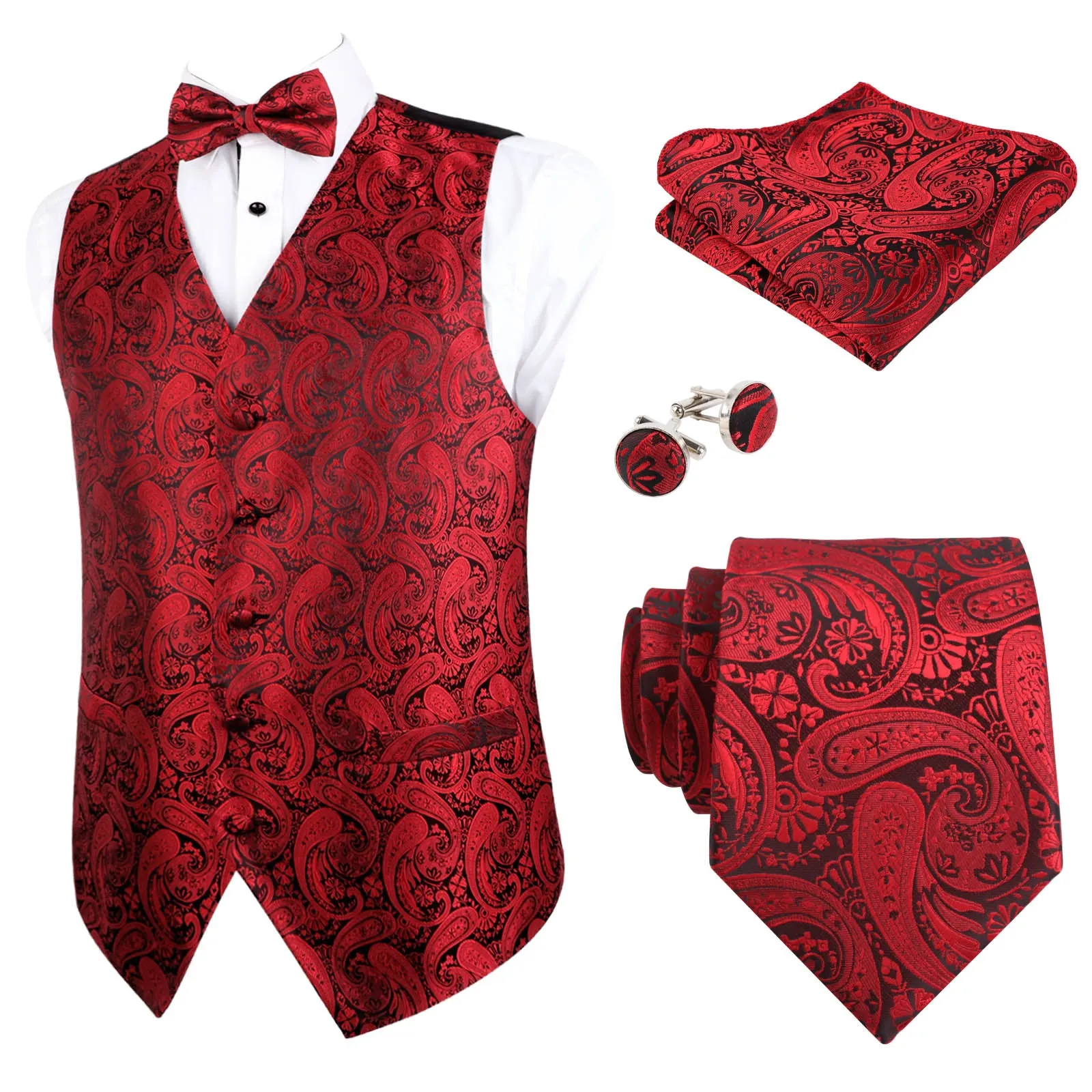 Men's 5pcs Paisley Suit Vest Classic Jacquard Button-Down Waistcoat Set, 185-Wine Red