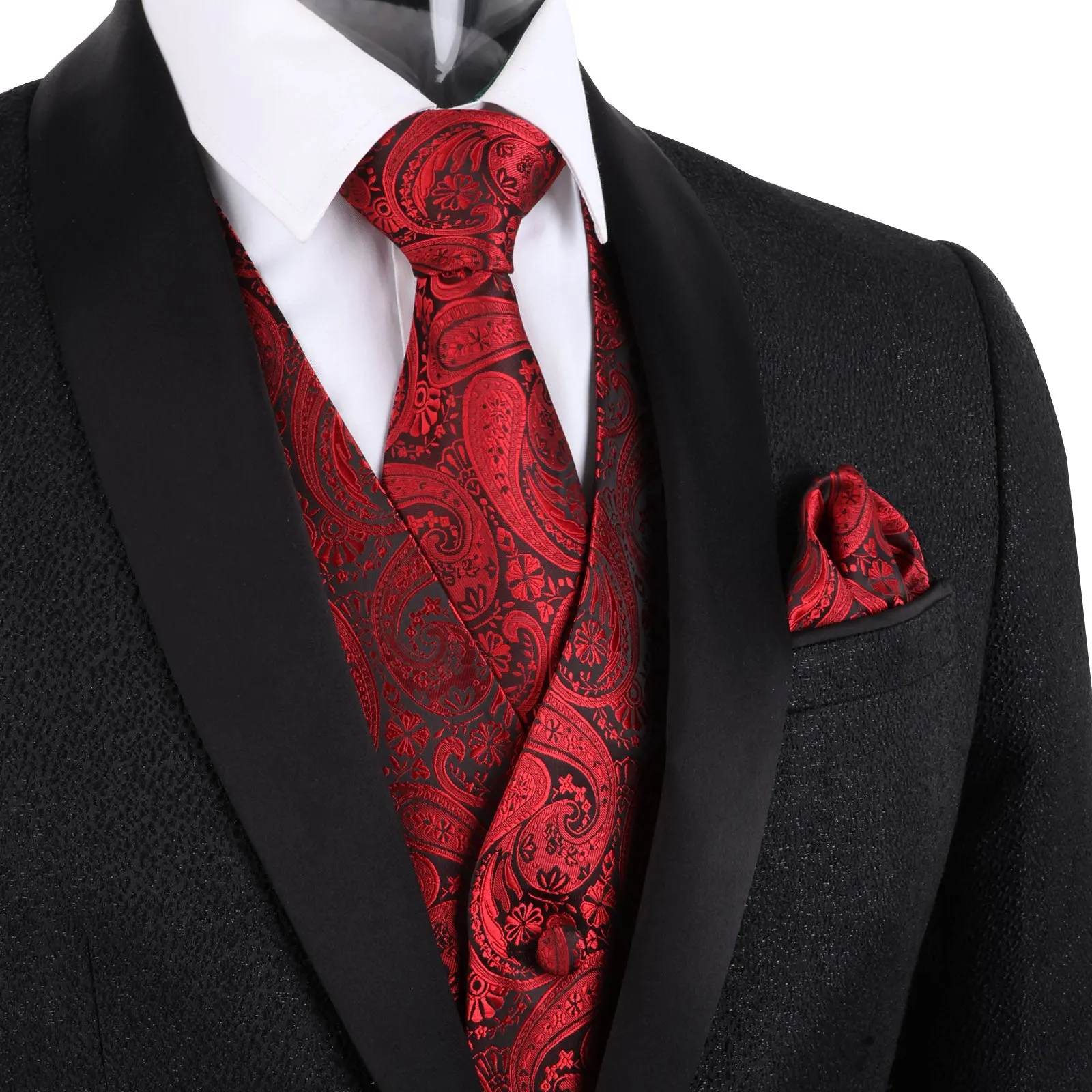Men's 5pcs Paisley Suit Vest Classic Jacquard Button-Down Waistcoat Set, 185-Wine Red