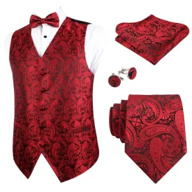 Men's 5pcs Paisley Suit Vest Classic Jacquard Button-Down Waistcoat Set, 185-Wine Red