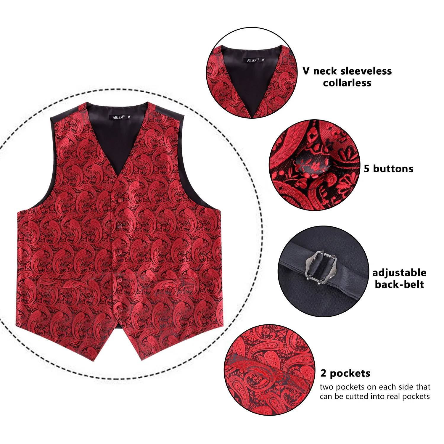 Men's 5pcs Paisley Suit Vest Classic Jacquard Button-Down Waistcoat Set, 185-Wine Red