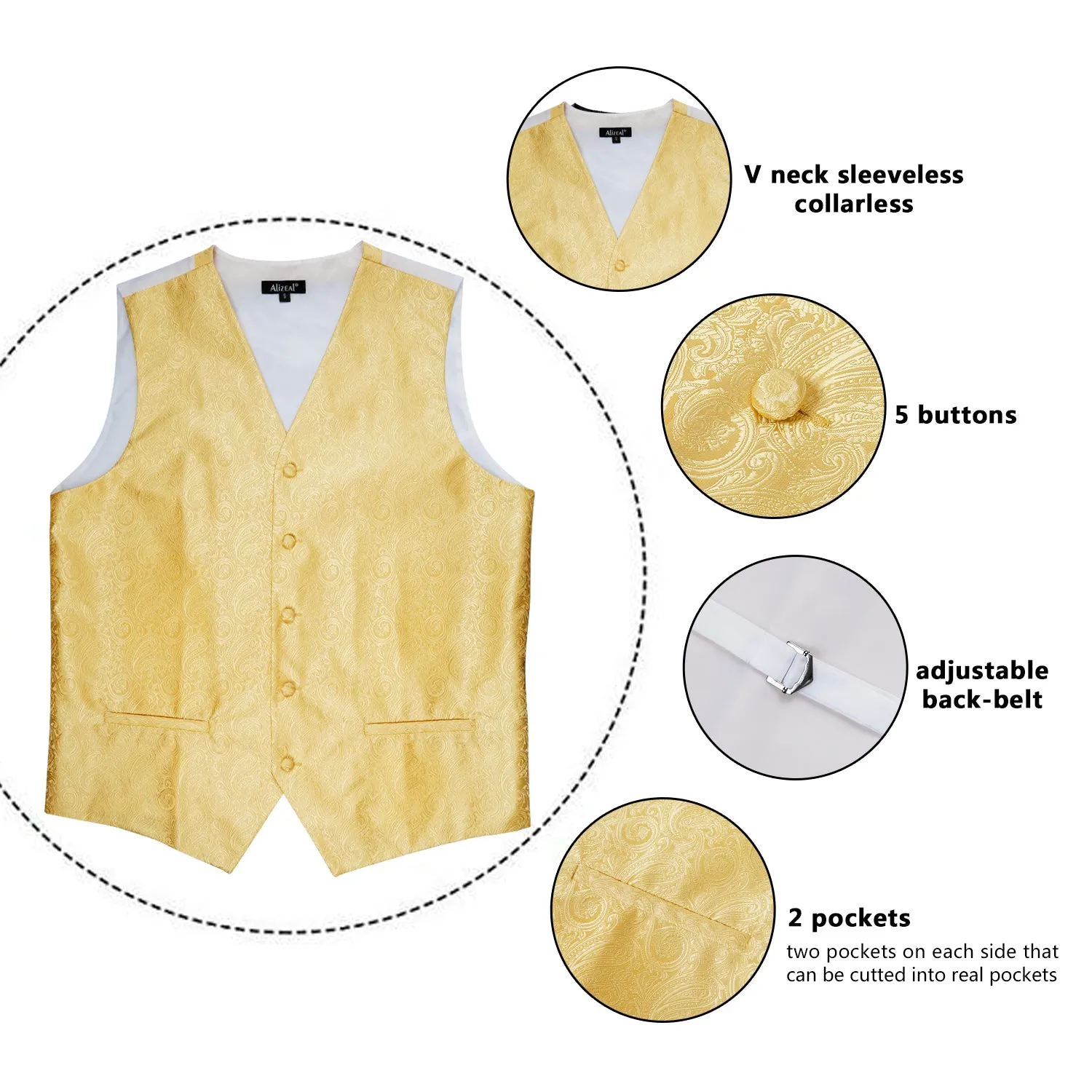 Men's Classic 5 Pcs Paisley Jacquard Suit Vest Set, 189-Golden