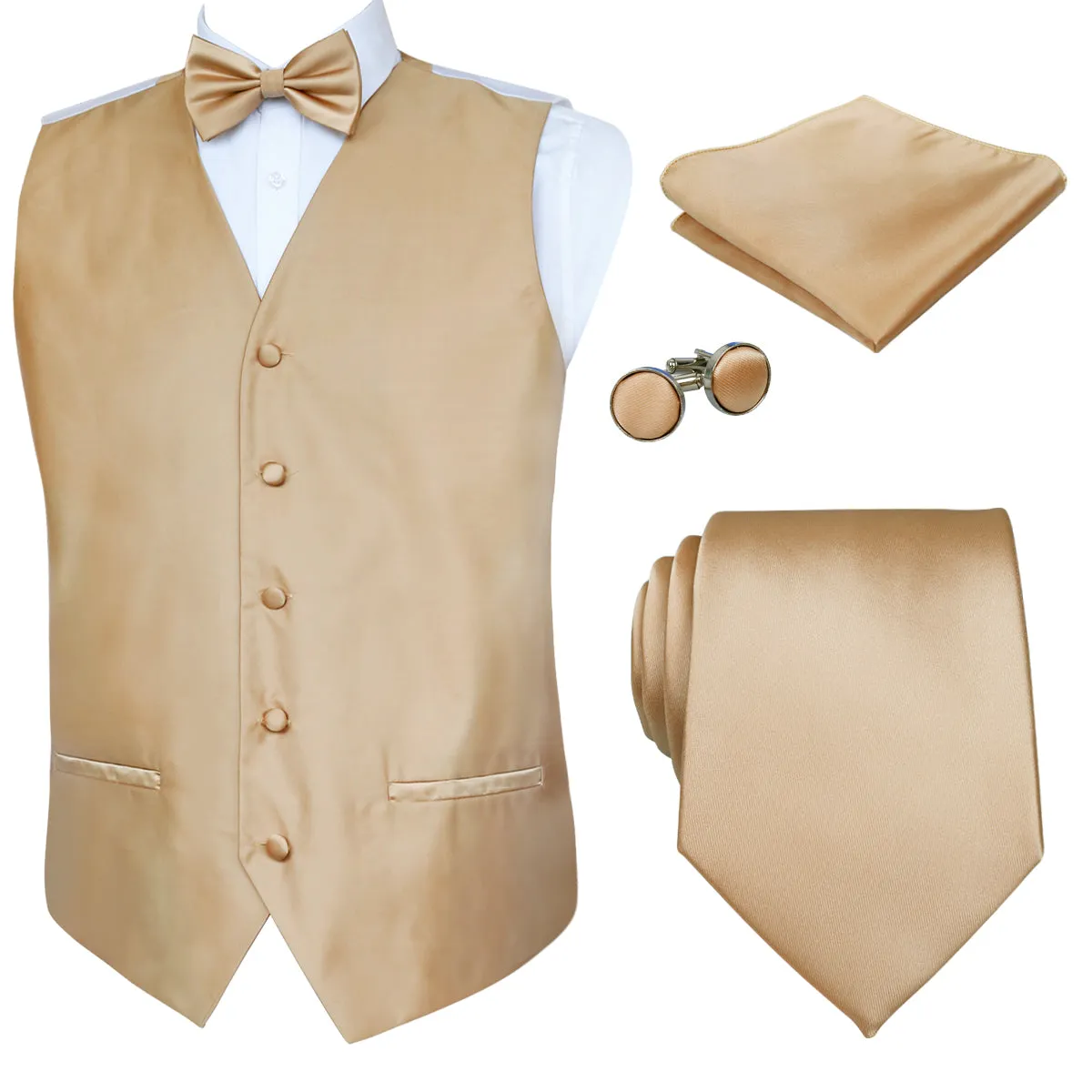 Men's Classic 5 Pcs Solid Color Satin Suit Vest Set, 187-Champagne