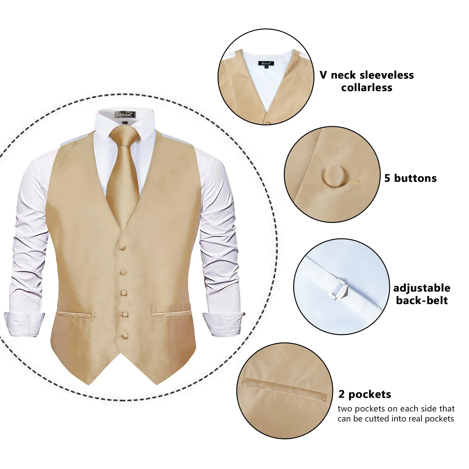 Men's Classic 5 Pcs Solid Color Satin Suit Vest Set, 187-Champagne