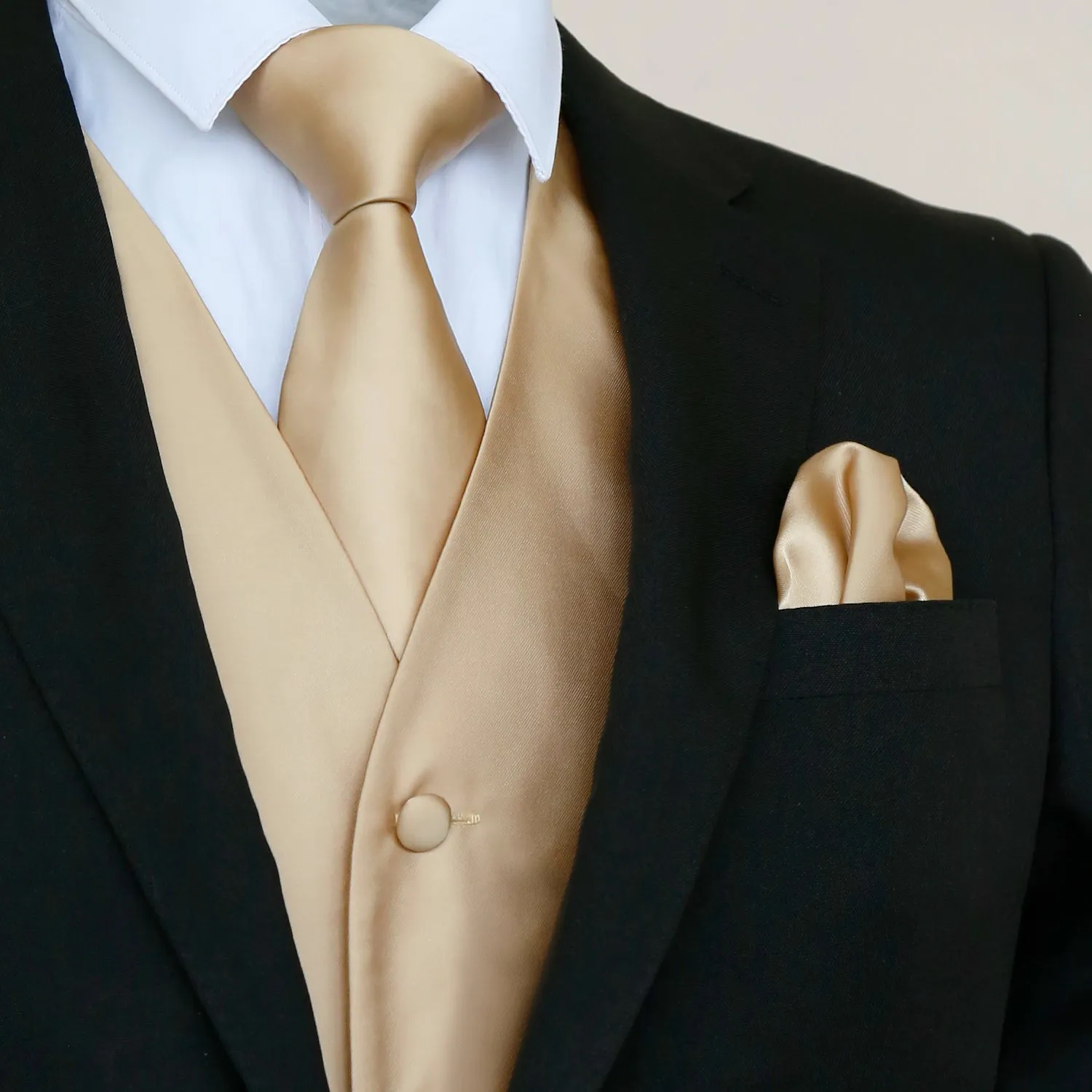 Men's Classic 5 Pcs Solid Color Satin Suit Vest Set, 187-Champagne