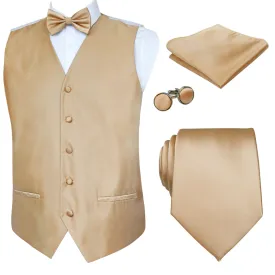 Men's Classic 5 Pcs Solid Color Satin Suit Vest Set, 187-Champagne