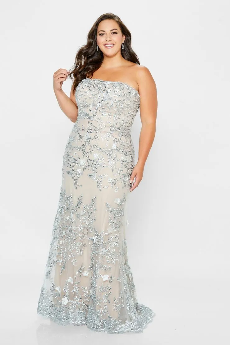 Mon Cheri 118961 Strapless Tulle and Beaded Lace Gown