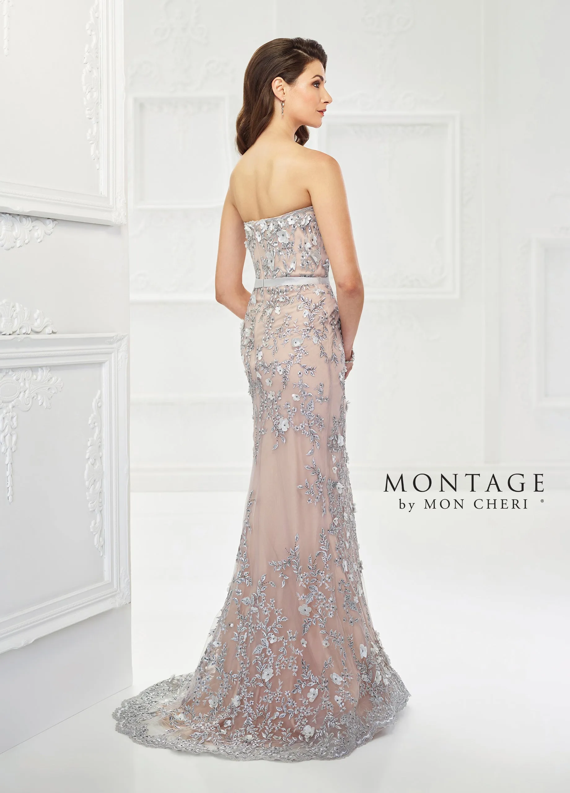 Mon Cheri 118961 Strapless Tulle and Beaded Lace Gown