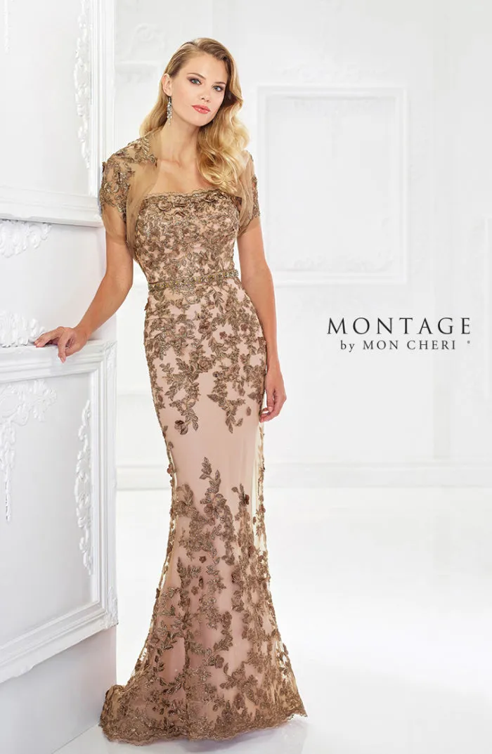 Mon Cheri 118961 Strapless Tulle and Beaded Lace Gown