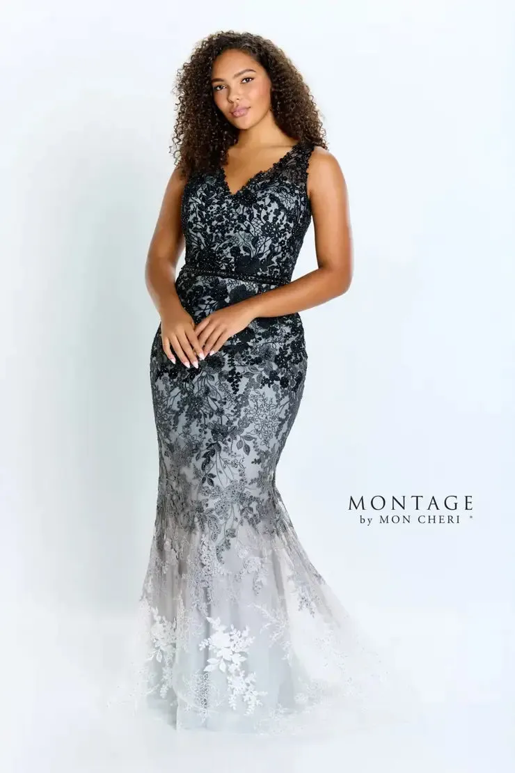 Elegant Ombre Embroidered Allover Lace Fit-and-Flare Gown - Montage 122903