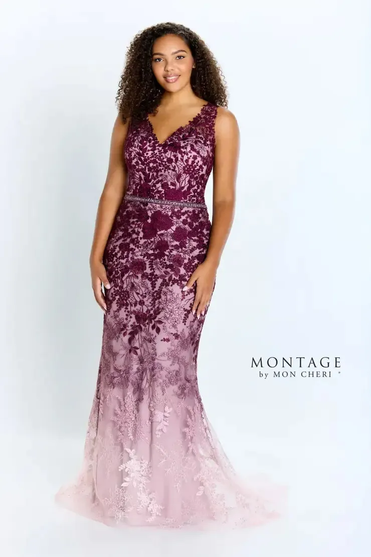 Elegant Ombre Embroidered Allover Lace Fit-and-Flare Gown - Montage 122903