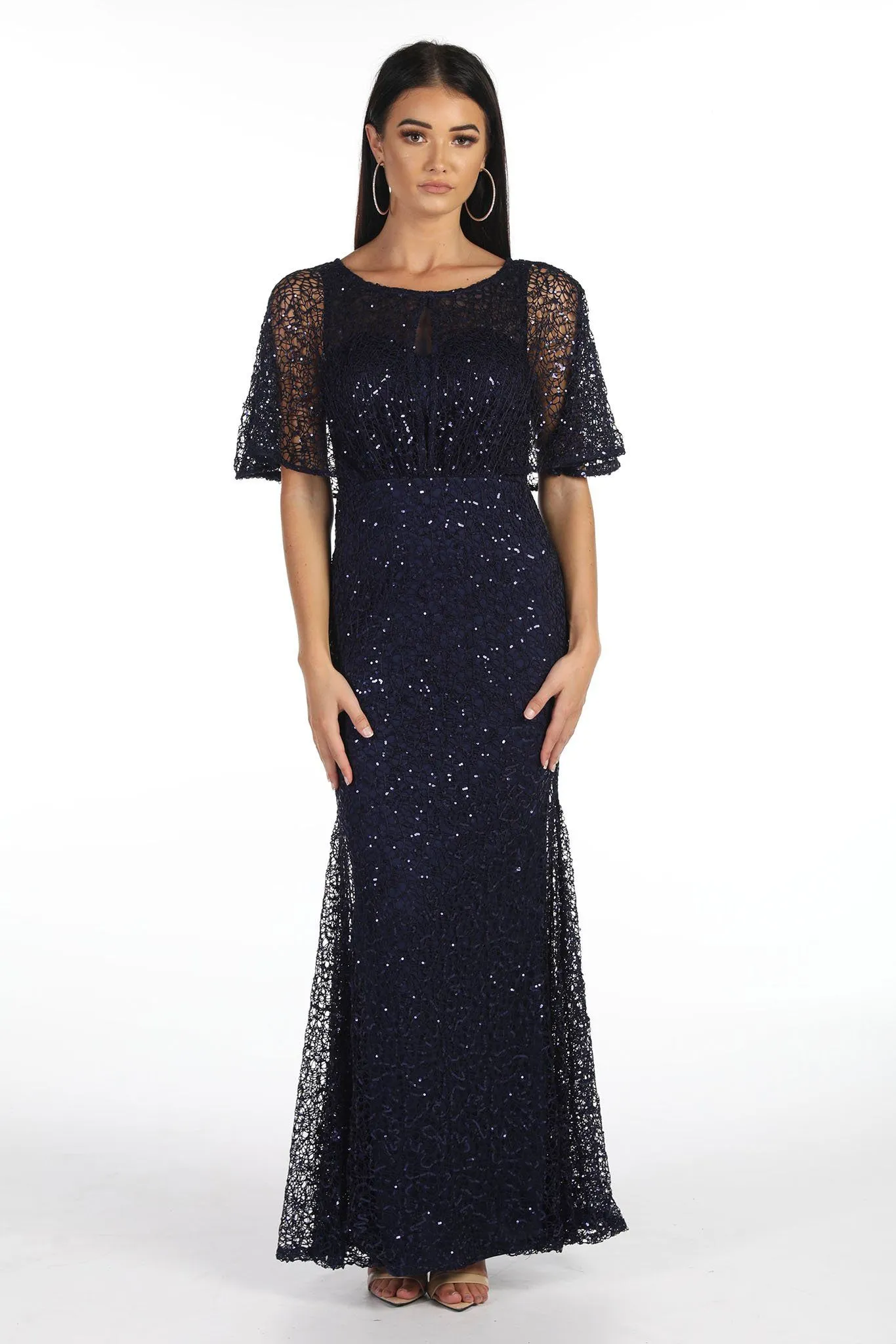 Opal Butterfly-Sleeve Sequin Maxi Dress - Navy