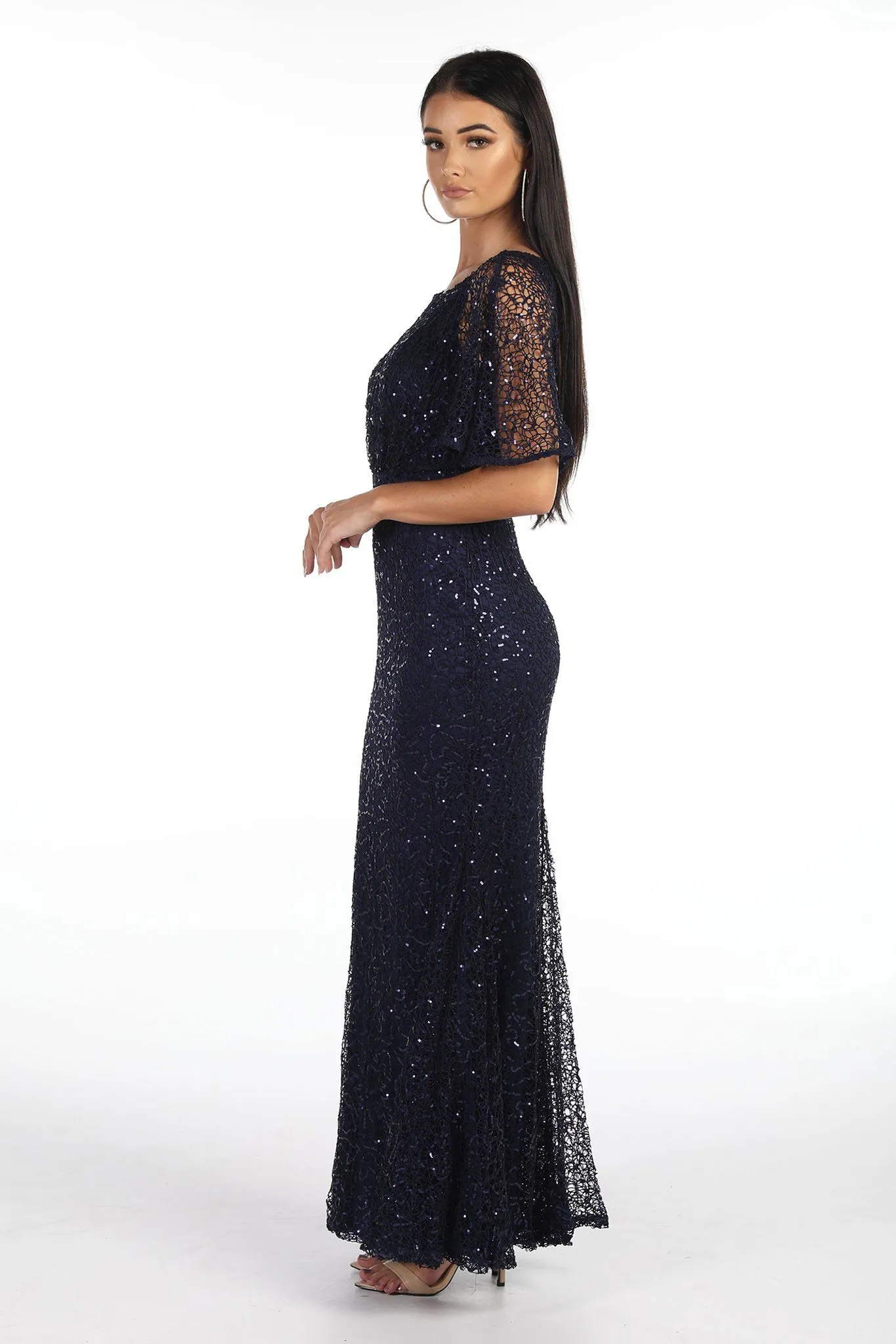 Opal Butterfly-Sleeve Sequin Maxi Dress - Navy