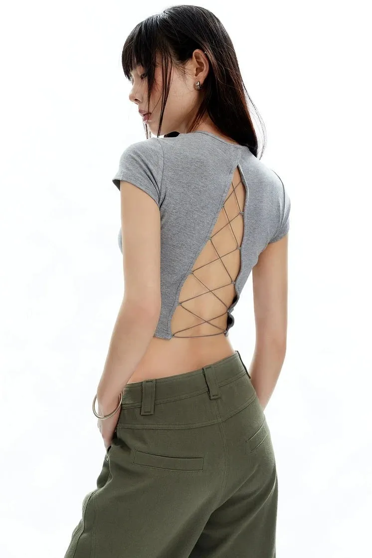 Open Back Lace-Up Baby Tee Crop Top