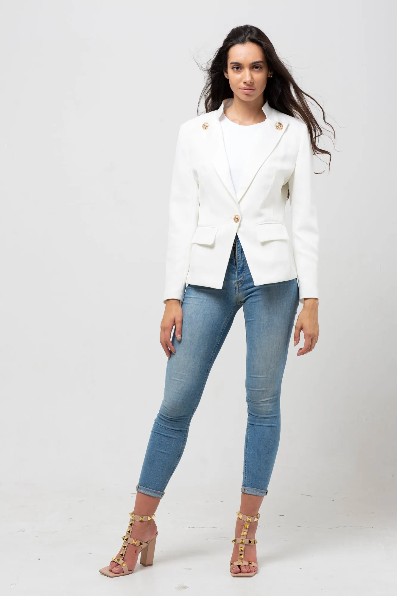 SATIN COLLAR ONE GOLD BUTTON BLAZER WHITE