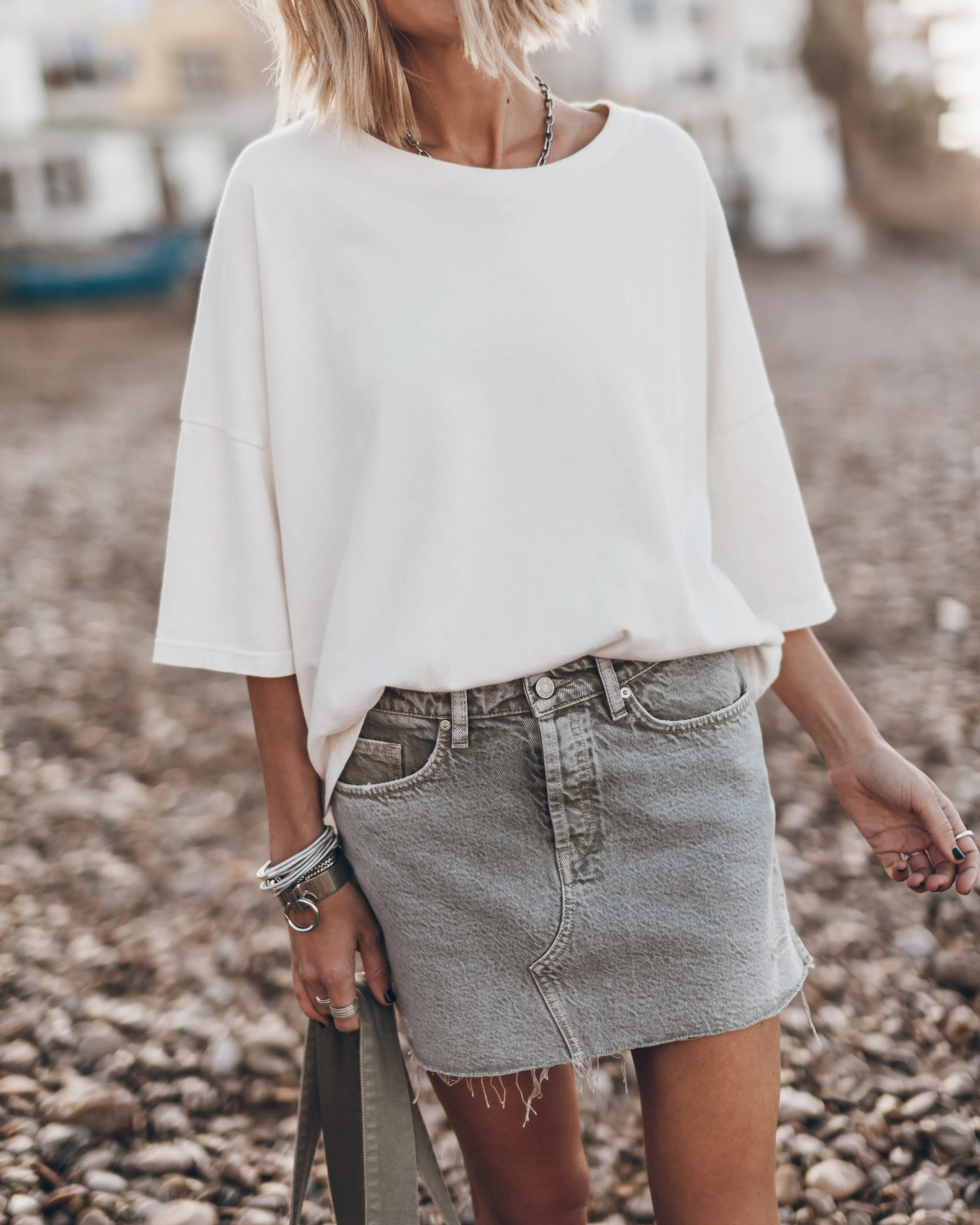 The Khaki Faded Slit Denim Skirt