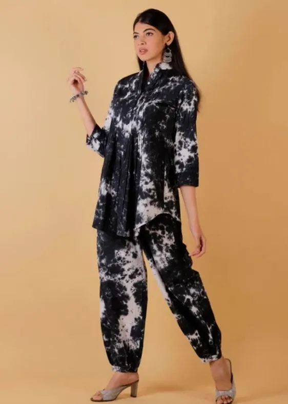 Tie and Dye Pintuck Tunic Co-ord Set- Black