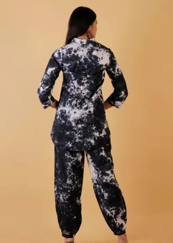 Tie and Dye Pintuck Tunic Co-ord Set- Black