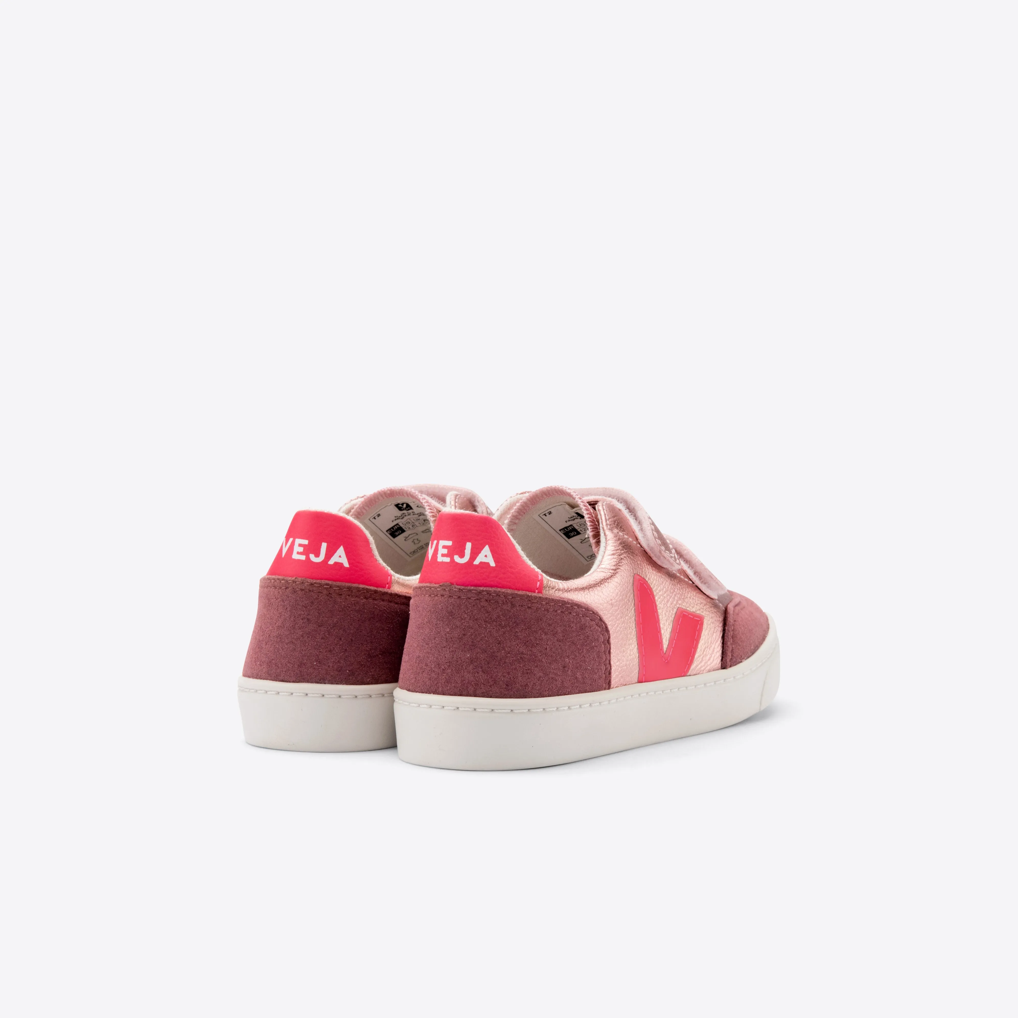 Veja V-12 Velcro Leather - Nacre/Rose Fluo