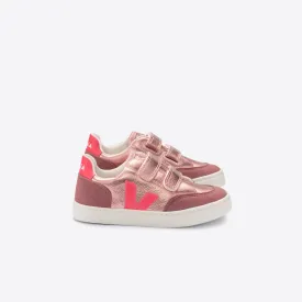 Veja V-12 Velcro Leather - Nacre/Rose Fluo