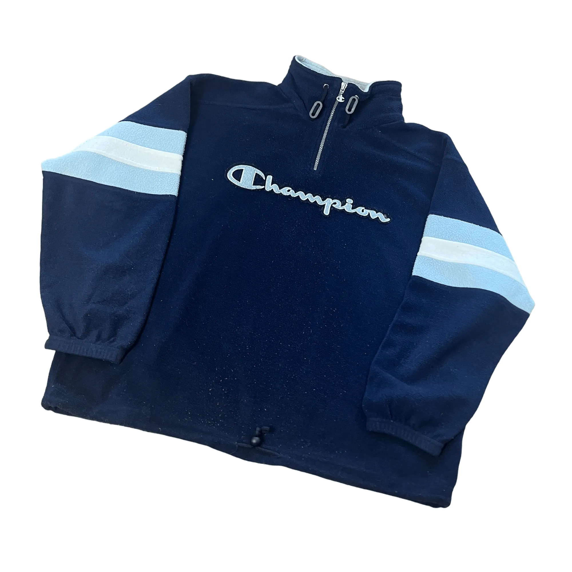 Vintage 90s Navy Blue Champion Spell-Out Quarter Zip Fleece - Large