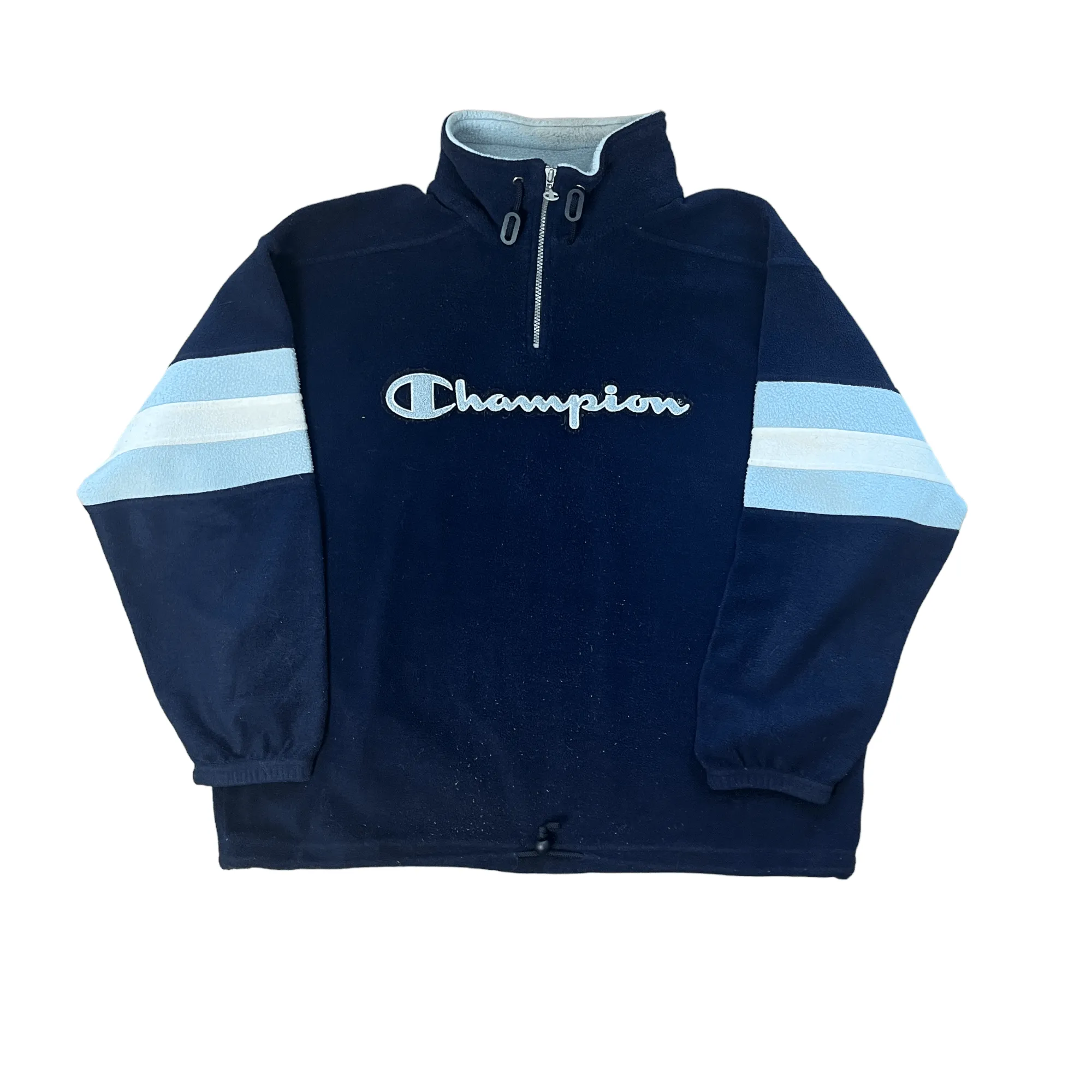 Vintage 90s Navy Blue Champion Spell-Out Quarter Zip Fleece - Large