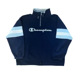 Vintage 90s Navy Blue Champion Spell-Out Quarter Zip Fleece - Large