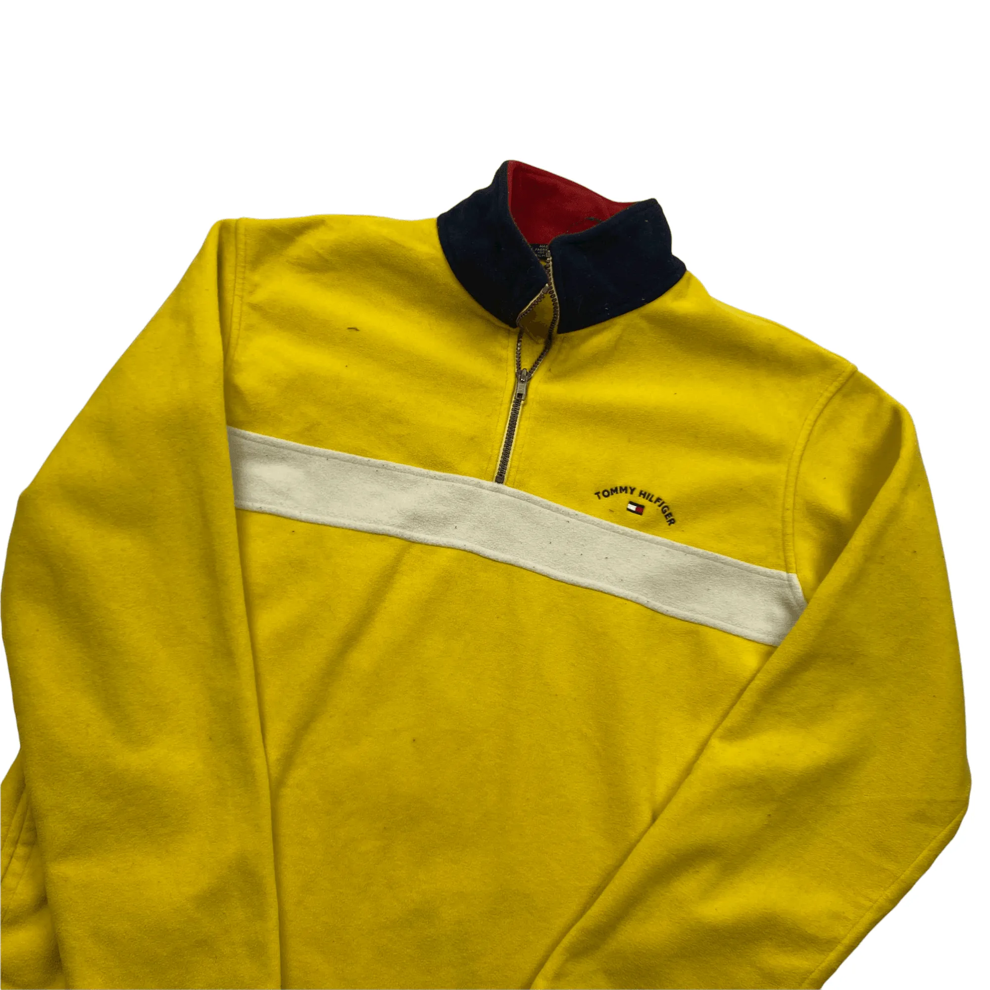 Vintage 90s Yellow   White Tommy Hilfiger Spell-Out Quarter Zip Fleece - Large