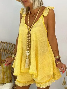 Women's Sets Ruffled Sling Top & Fringe Shorts Two-Piece Set