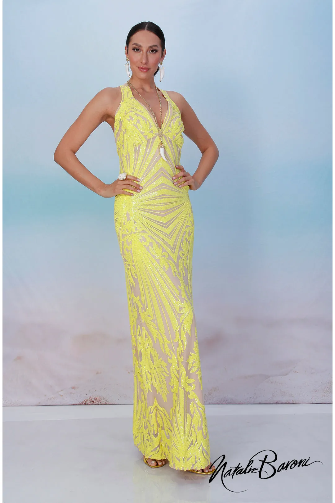 Yellow Sequin Evening Gown - La Scala