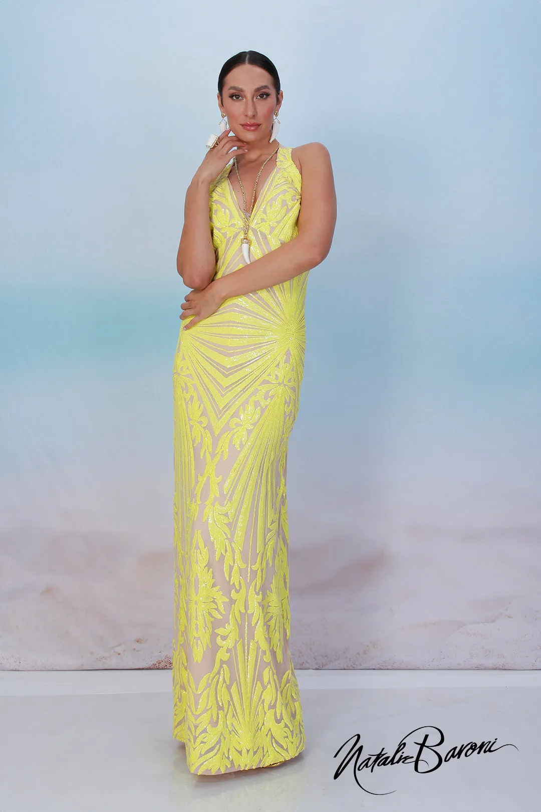 Yellow Sequin Evening Gown - La Scala